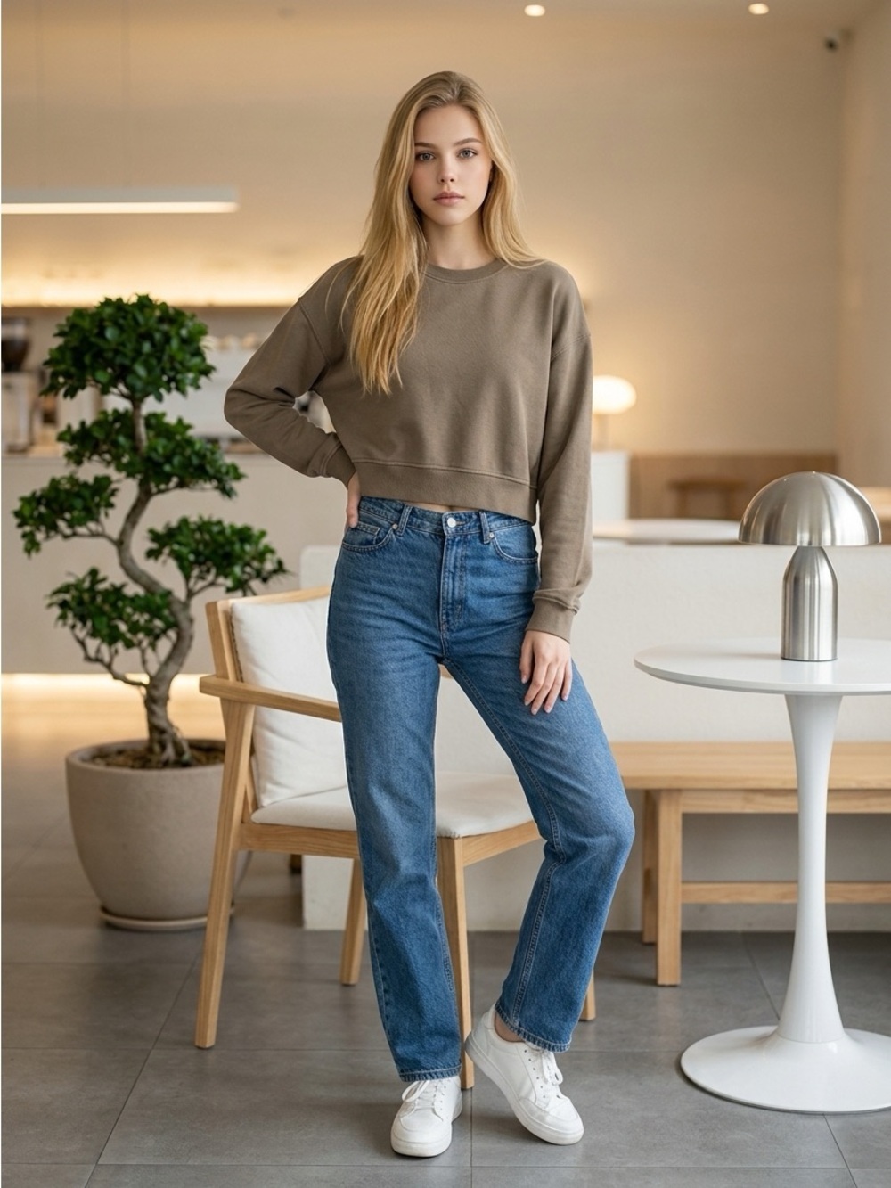 Zara Women’s Small Brown Long Sleeve Cropped Crewneck Sweatshirt Comfy EUC